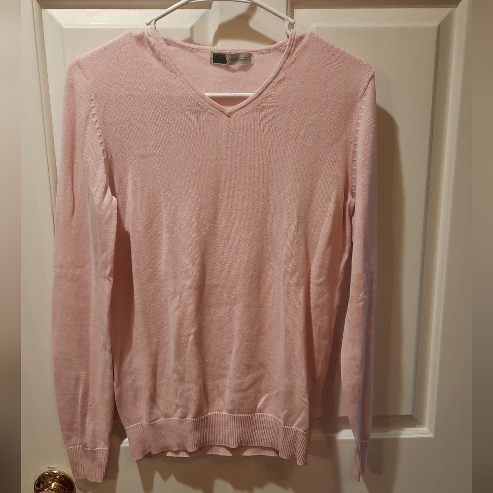 Zara Pink V-neck Cotton Sweater size Small Pastel Classic Spring